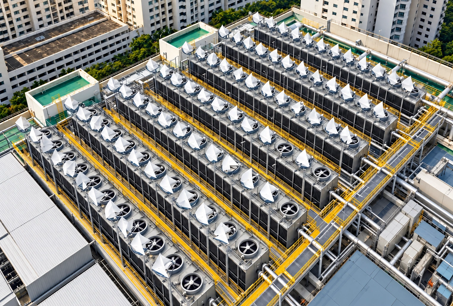 Illustrative hospital rooftop with LIAM F1 spiral wind turbines and cooling towers