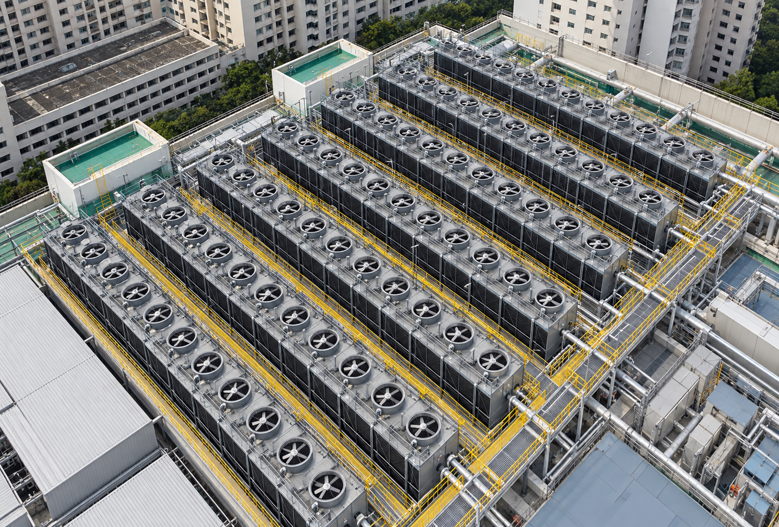 Sengkang Hospital rooftop cooling tower overview without wind turbines